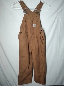 Carhartt Bib Overalls Kids Boys Size 5 Brown Canvas Quilt Lined Double Knee - Picture 1 of 10