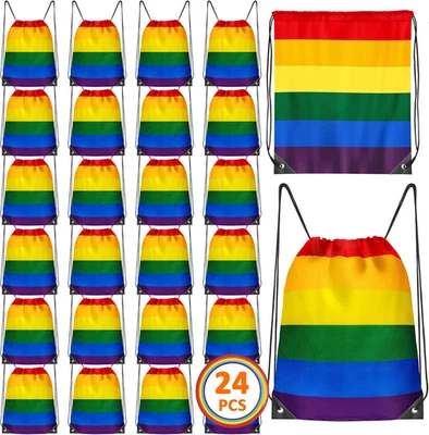24 Pack Drawstring Bags, Polyester Rainbow Accessories for Pride Month Gifts, Si - Image 1 of 4