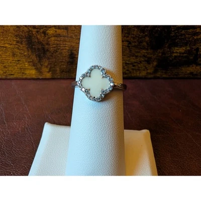 Anillo de trébol de plata de ley 925 talla 6 piedra blanca talla ajustable para mujer Foto 1 de 4