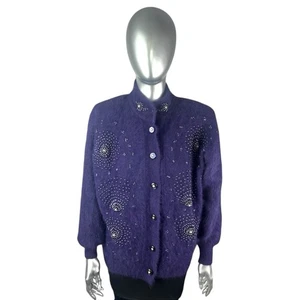 Purple ANGORA Sweater w/Beads & Rhinestones, Sz M, Certified Vintage Fur w/Bag - Picture 1 of 10