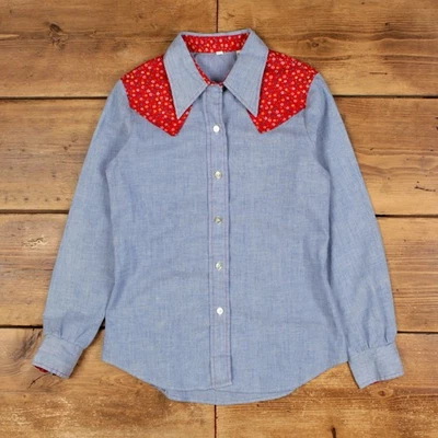 Camisa Informal Vintage Botón XS 80s Cambray Denim Floral Mujer Manga Larga Foto 1 de 4