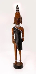 Masai Wood Carved Warrior 1980s Kenya East Africa Beaded Handmade Carving 16x3" - Picture 1 of 3