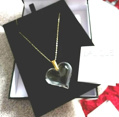LALIQUE PENDANT CRYSTAL LARGE HEART NECKLACE & 18" 9CT CHAIN  OUTSTANDING - Image 1 of 4