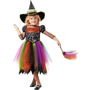 Kids Light Up Witch Costume Hat Bright Colorful Tulle Dress Broom Child M 7/8 - Picture 1 of 6