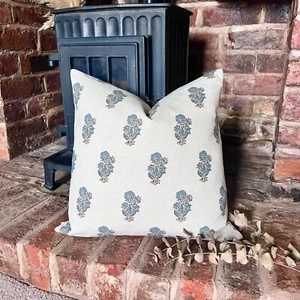 1566. MARGARET Neg, Paisley blue BLOCK PRINT - Linen/Cotton Cushion Cover - Picture 1 of 4