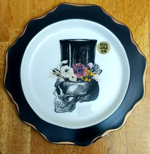 HALLOWEEN SKULL ECHT GOLDRAND PORZELLAN SPEISETELLER ERNTE GRÜN STUDIO NEU - Bild 1 von 6