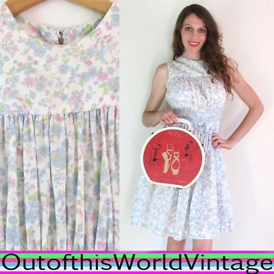 Vtg 50s Pink Blue White FLORAL DAY DRESS 100% Cotton Sweet Country Doll PINUP S - Image 1 of 4