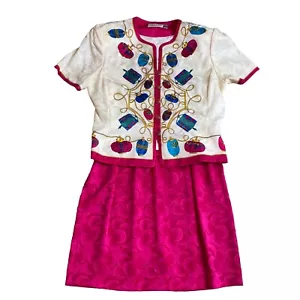 Vintage White Silk Adrianna Papell Womens Jacket & Skirt 12P Petites White/Pink - Picture 1 of 12