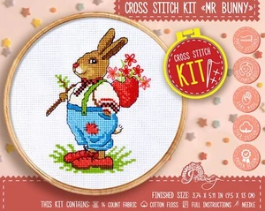 Bunny Rabbit Cross Stitch KIT For Beginners with Counted Pattern - DIY Craft Kit - Picture 1 of 10