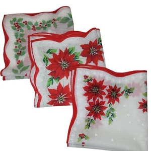 Vintage Hankerchiefs 3 Christmas Poinsettia Scalloped Embroidered Edge Foliage - Picture 1 of 24