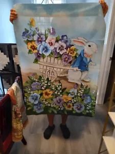 HAPPY EASTER WHITE RABBIT WITH CART OF FLOWERS HOUSE Flag 27 " X 39 1/2" - Picture 1 of 1
