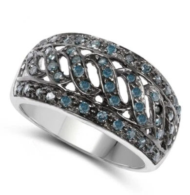 Women White Gold Rhodium Over Steering Silver Blue Diamond Size 6 Designer Ring - Image 1 of 4