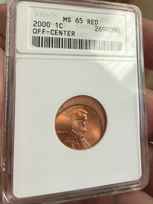 2000 Lincoln Cent OFF CENTER, Mint ERROR   ANACS MS65 Red”Great Eye Appeal” - Image 1 of 4