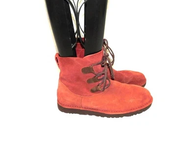 UGG Size 10 41 Red Clay Suede Elvi Ankle Boots Lace Up Unlined Flat Bootie Women - Image 1 of 4