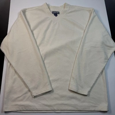 VINTAGE Structure Sweater Mens XL Ivory V-Neck Ribbed Corduroy Look Fleece 90s - Image 1 of 4