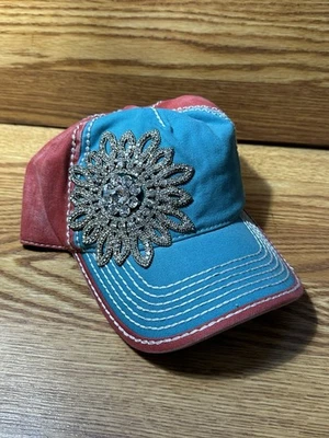 Olive & Pique Hat Strap Back Red Blue White Crystal Flower Womens Embellished - Image 1 of 4