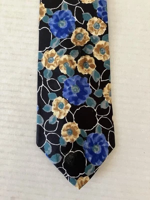 Corbata para hombre Viaggio corbata seda satinada negra azul amarilla flores floral hecha en EE. UU. Foto 1 de 4
