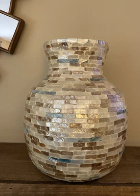Vaso de mosaico Abalone tema decoração náutica concha madrepérola 10-1/2" novo sem etiquetas - Imagem 1 de 4