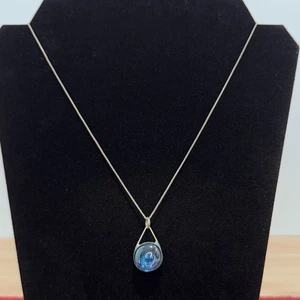 "Collar de plata de ley de 19,5"" con piedra azul/piedra de vidrio, colgante esférico" - Imagen 1 de 19
