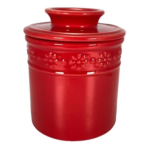 KOOV CERAMIC BUTTER BELL Red Embossed Daisies 5.25” Tall 4” Diameter - Picture 1 of 10