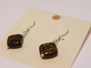 Bronzite square sterling silver gemstone drop earrings - Picture 1 of 3