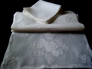 Antique Madeira set runner +8 mat +8 napkins embroidery appliqued borders h done - Picture 1 of 16