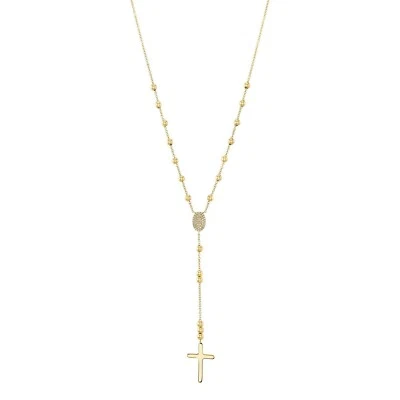 Diamond Rosary Rosario Cross Necklace 14K Yellow Gold Lariat 0.11CT Round Cut - Image 1 of 2