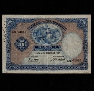 Portugal 5 Mil Reis 1907 P-83 * VF, little graffiti * Rare * - Picture 1 of 2