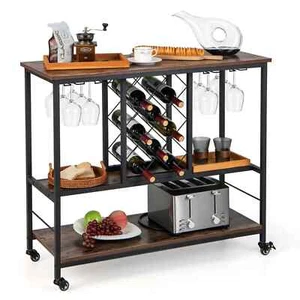 Bar Serving Kitchen Rolling Cart Wine Rack Glass Holder Brown/Black Shelves New - Picture 1 of 10