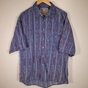 Vintage 90s Pier Connection Men's XL Blue Purple Tribal Print Button Up Shirt - Picture 1 of 7