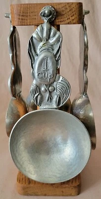 Crosby & Taylor Lobster Pewter Measuring Cups 5pc Set Wood Stand Hammered Metal - Image 1 of 4