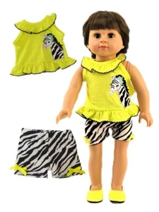 Ropa para muñecas 18" pantalones cortos negro blanco cebra top amarillo cebra se adapta a muñecas AG - Imagen 1 de 3