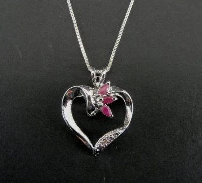 Necklace Silver Ruby Stone Heart Open Design Sterling Silver 925 Pendant Chain - Image 1 of 4