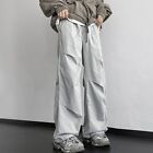 Harajuku Style Solid Color Wide Leg Cargo Pants for Men Elastic Waist Trousers