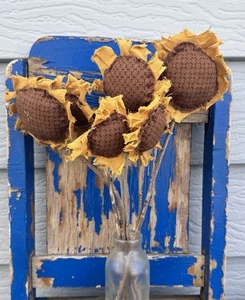 7 Sunflowers Flowers Grungy Grubby Hand Stitched Decor Primitive Handmade Rustic - Picture 1 of 6