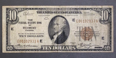 Rare 1929 $10 Federal Reserve Bank Of Richmond Virginia Ten Dollar Note - Image 1 of 4