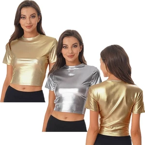 Womens Tops Club Blouse Round Neck T-shirt Holidays Shiny Music Cropped Casual - Picture 1 of 36