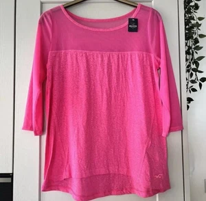 Hollister Hot Bright Pink Cerise Top Size L BNWT 3/4 Sleeves Mesh - Picture 1 of 8