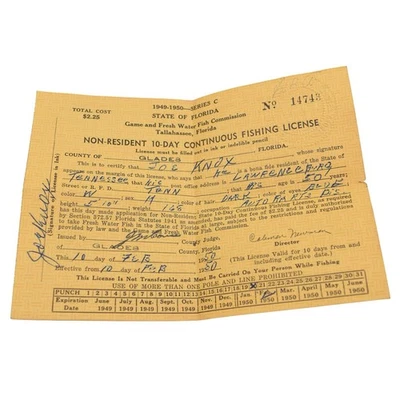 1950 Estado de Florida no residente 10 días licencia de pesca continua GLADES* Foto 1 de 4