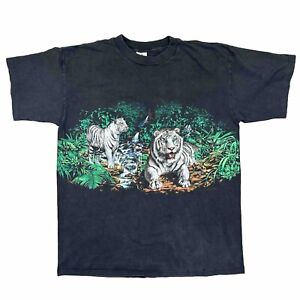Vintage 90’s Habitat White Tiger Jungle Shirt Black Wrap Around Graphic USA XL