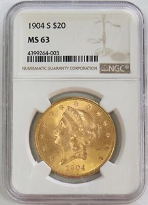 1904 S GOLD $20 LIBERTY HEAD DOUBLE EAGLE COIN NGC MINT STATE 63 - Picture 1 of 2