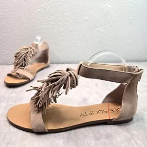 Sole Society Fringe Sandals Size 8.5 Tan Suede Casual Bohemian Flat Open Toe - Picture 1 of 10