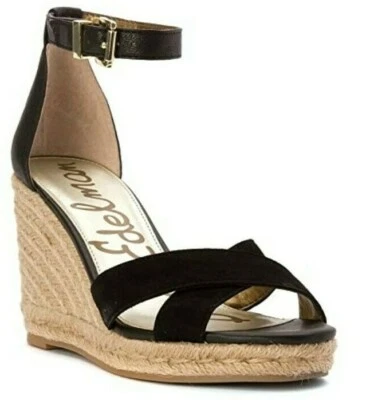 MUJER SAM EDELMAN BRENDA, SANDALIAS CUÑA ALPARGATA / NEGRO, CUERO TALLA 10 NUEVO EN CAJA Foto 1 de 4