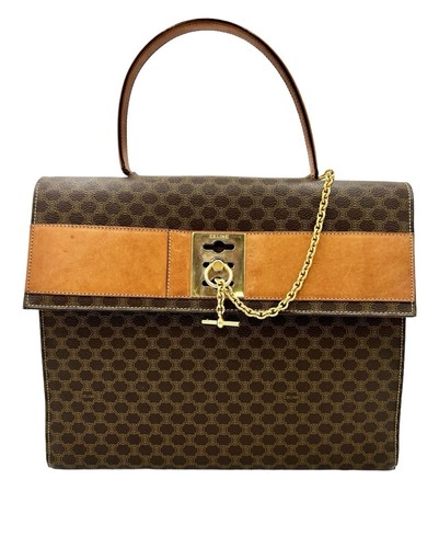 CELINE borsa manico superiore gancini patta borsetta macadam catena marrone Medium