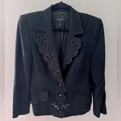 复古豪华 ESCADA 黑色羊毛人造丝礼服夹克花卉孔眼花边翻领 40 — 第 1/4 张图片
