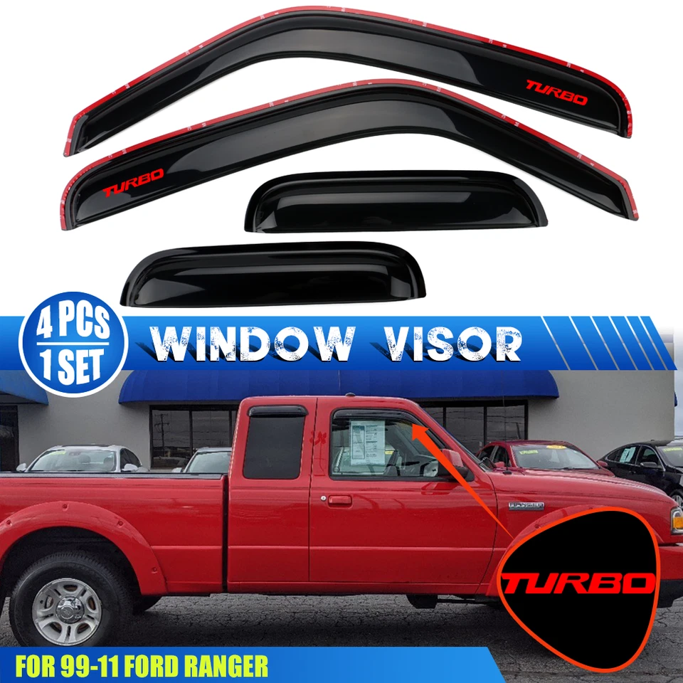 Fits 99-11 Ford Ranger In Channel Window Visor Vent Rain Guard Shade &Red Turbo Foto 1 de 4