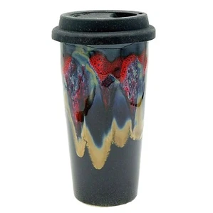 Double Walled Tall Travel Mug Silicone Sip Lid 15 oz Black Red Brown Pottery 7" - Picture 1 of 11