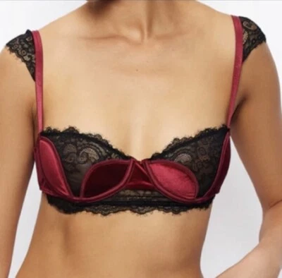 Frederick's of Hollywood Bra Small Georgine Red Black Velvet Lace NWT - Image 1 of 4