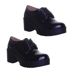 Scarpe da donna stringate suola grossa in vernice nera o nera taglia UK 3 - 8 - Foto 1 di 11