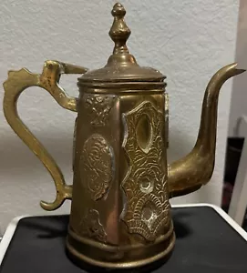 VTG heavy BRASS Asian COFFEE POT ORNATE EMBOSSED EMBLEMS LIDDED KET - Picture 1 of 6